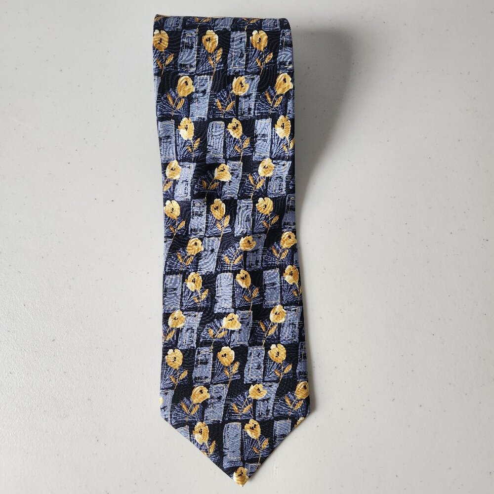 Stefano Conti 100% Italian Silk Tie – Floral Check Blue Yellow – Made in Canada